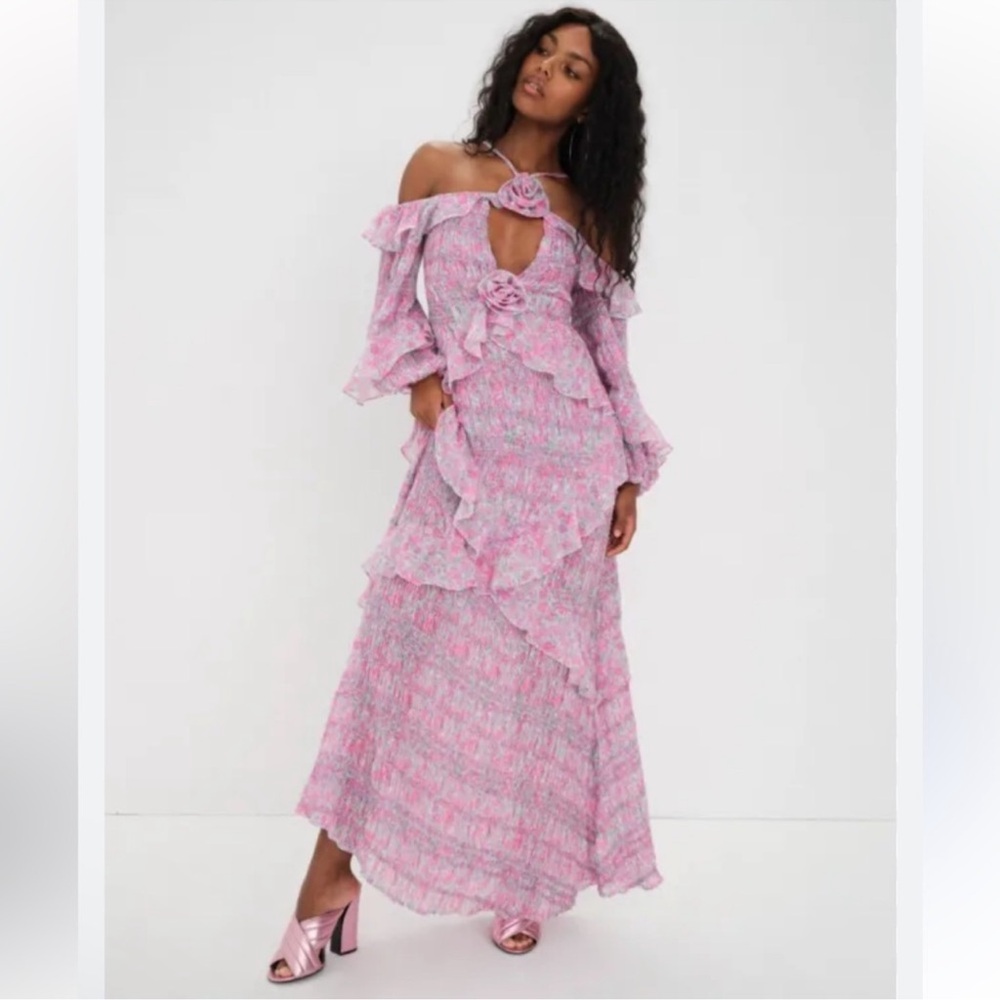 NWT FOR LOVE & LEMONS Rowan Maxi Dress Pink chiffon ruffle rosette Revolve